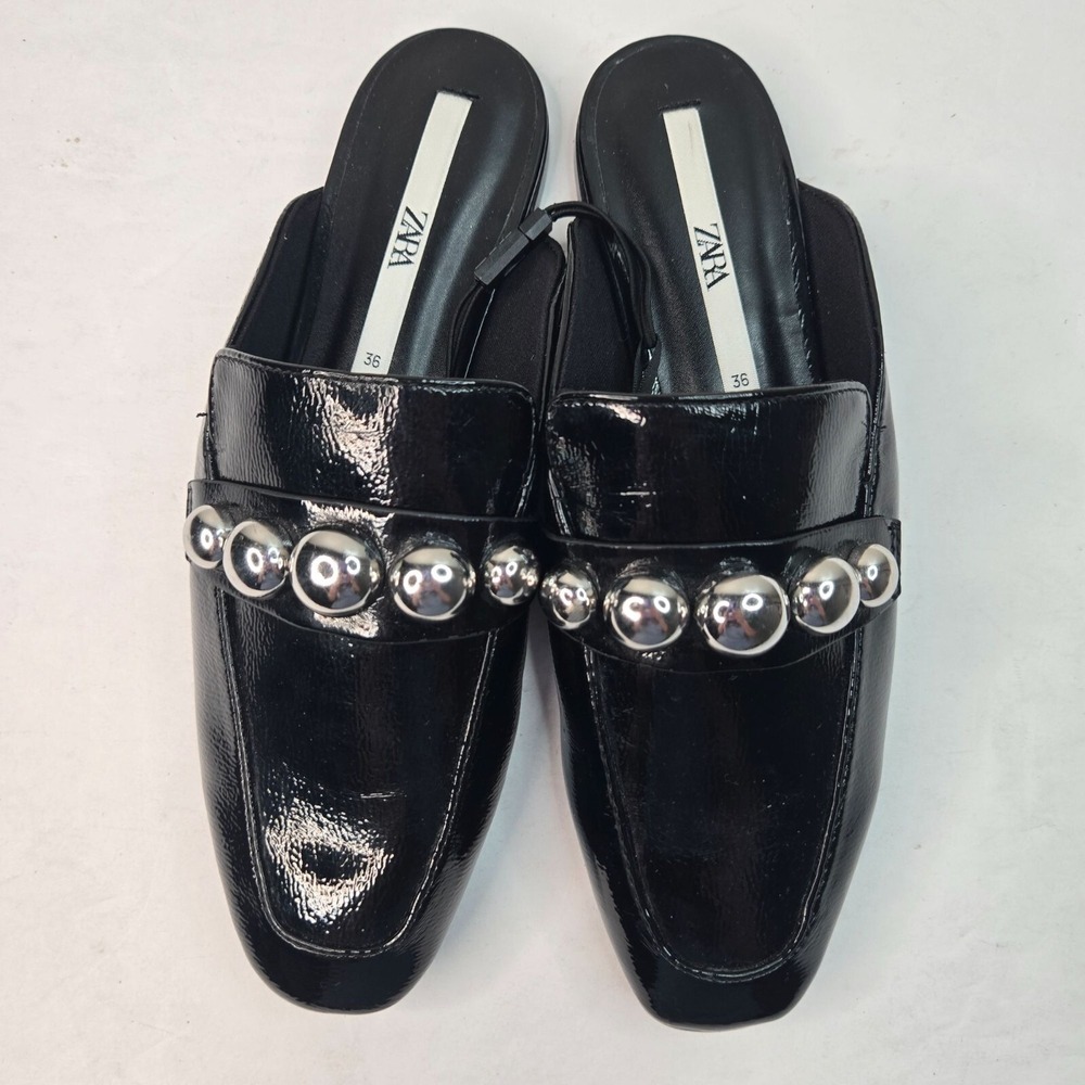 Zara Square Toe Mule Shoes Size 6 Patent Leather Studded Slip On Preppy Loafers - Picture 2 of 12